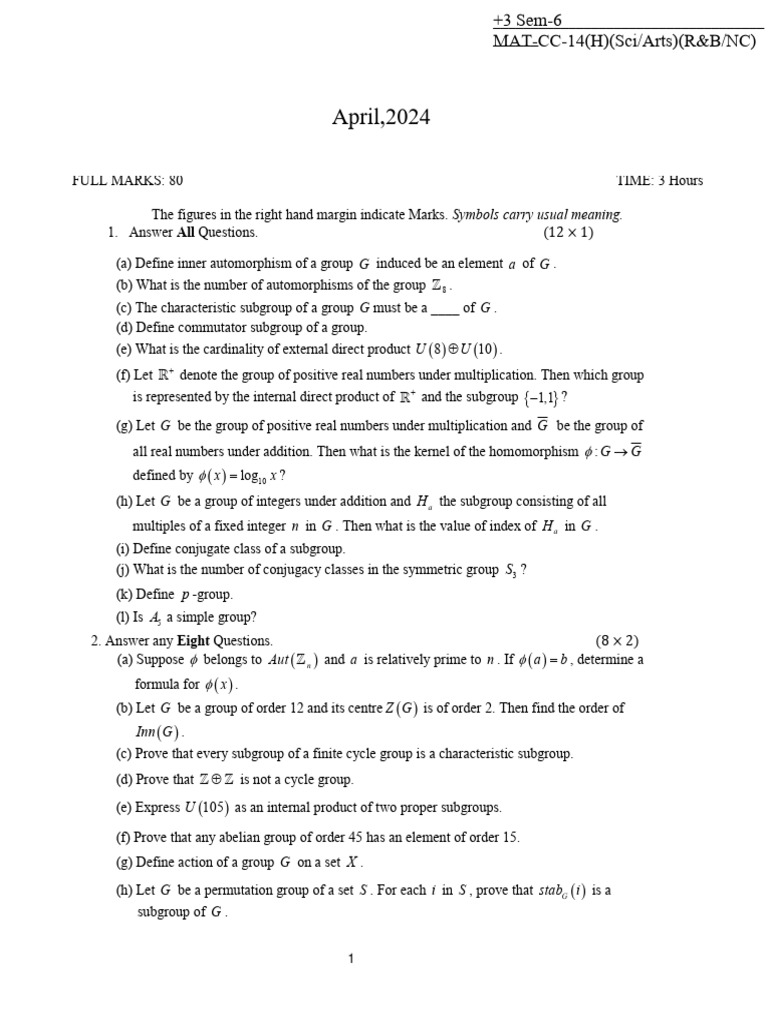 Group Theory Exam Questions and Answers | PDF | Group (Mathematics ...