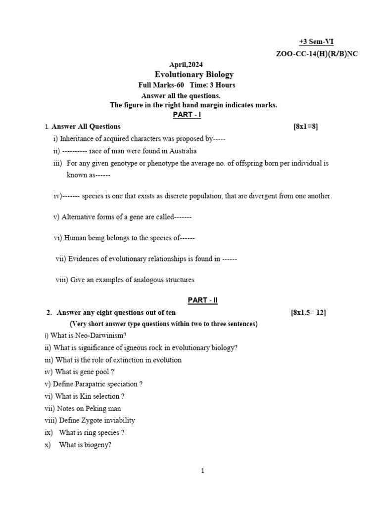 Evolutionary Biology Exam Paper 2024 | PDF | Evolution | Species