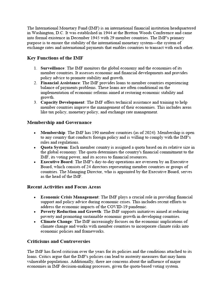 Overview of the International Monetary Fund | PDF | International ...