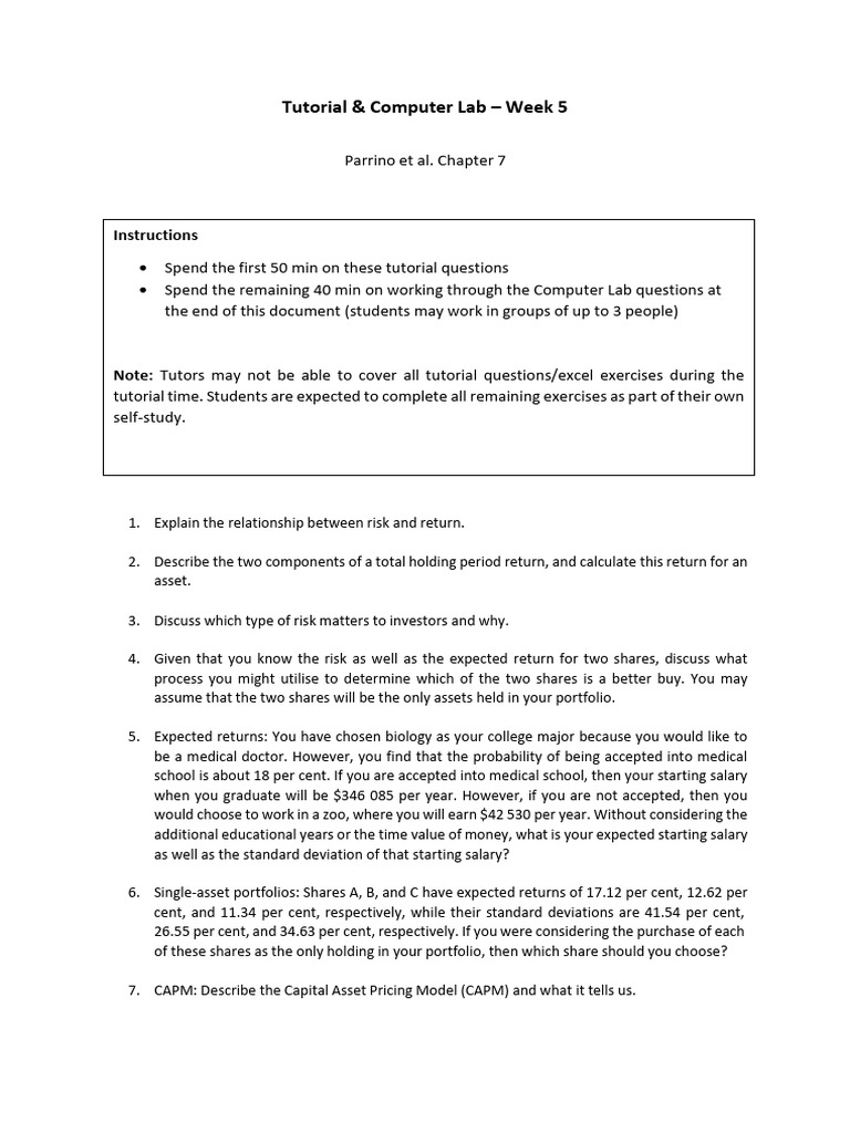Week 5 Tutorial & Lab: Risk and Return Analysis | PDF | Capital Asset ...