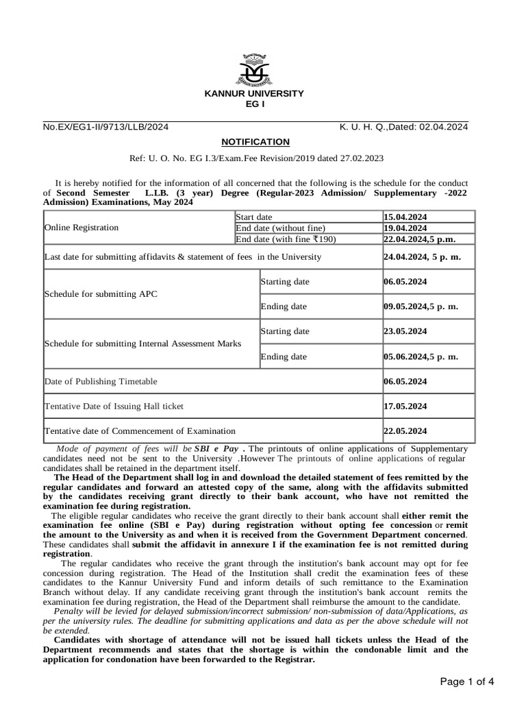 Kannur University LLB Exam Schedule 2024 | PDF | Remittance