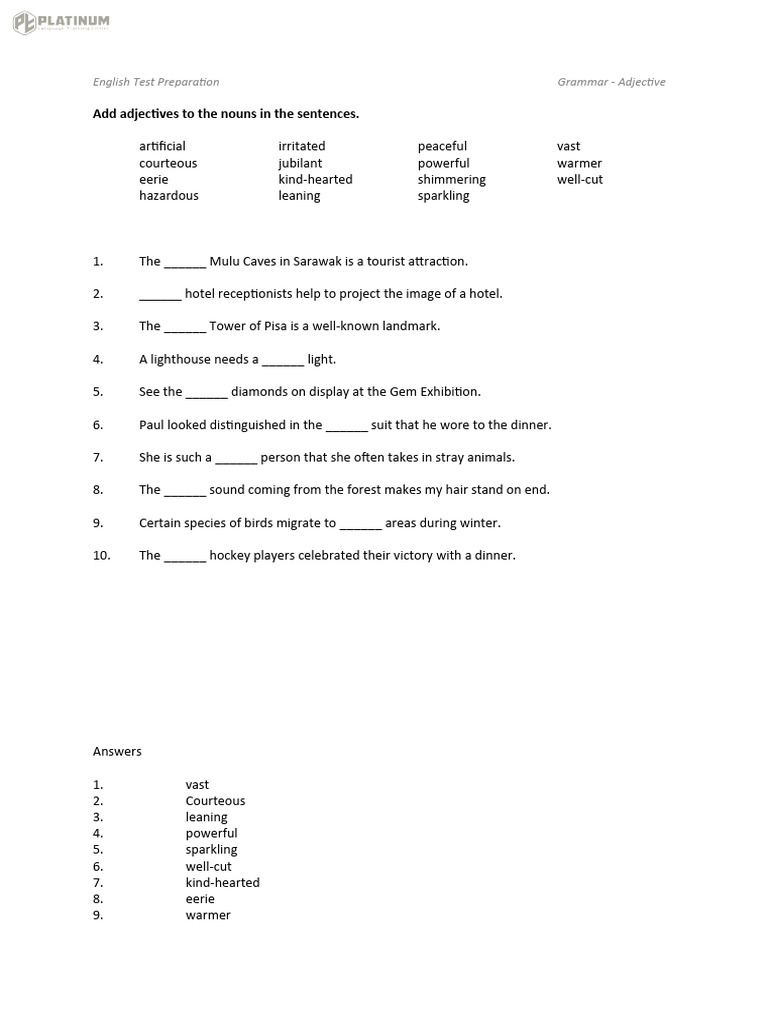 Adjective 10 missing words pdf