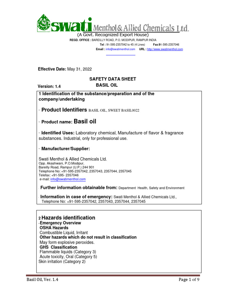 Basil Oil MSDS PDF Dangerous Goods Toxicity