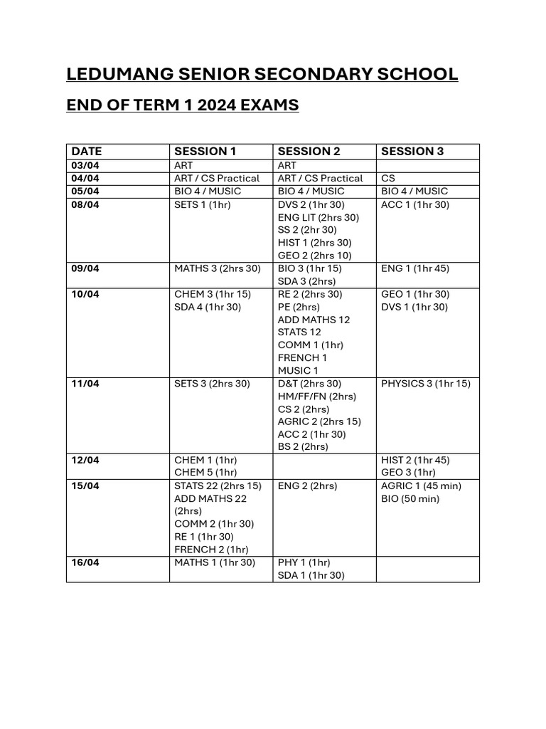 2024 Term 1 Timetable Pdf