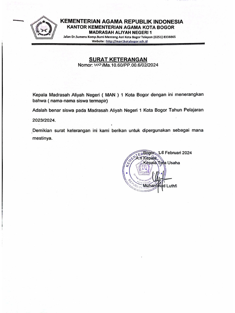 Surat Keterangan Aktif LPBB The Colonel Season 2 | PDF