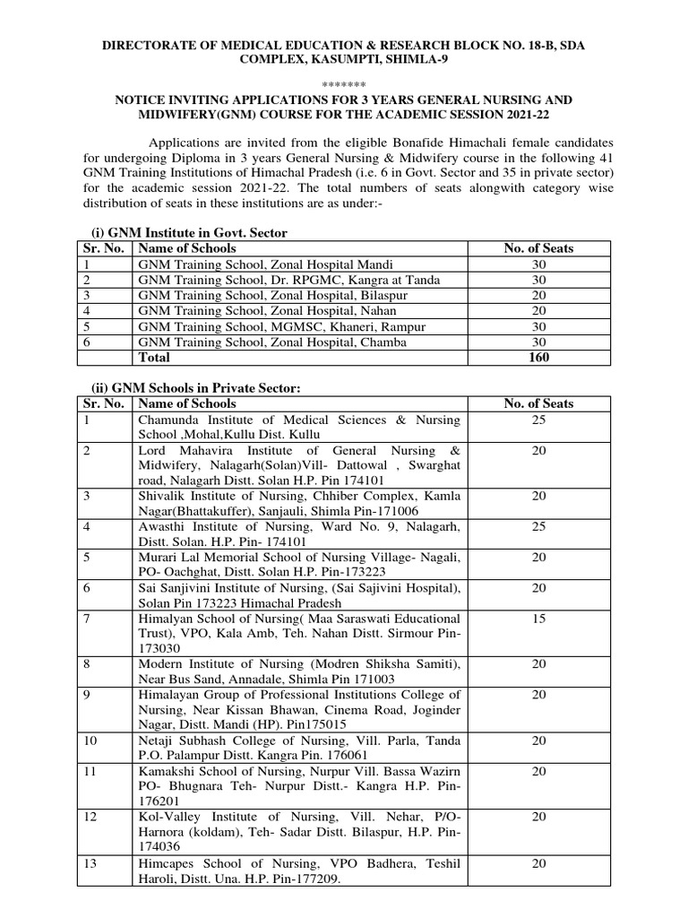 Notice inviting applications for general nursing and midwifery gnm