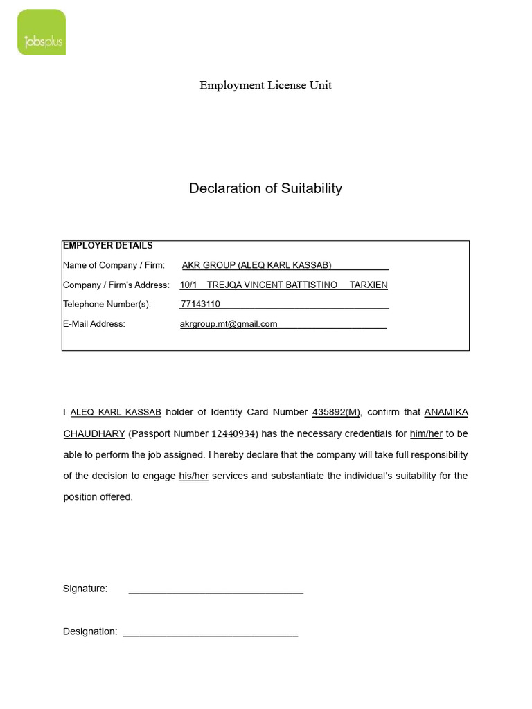Employment License Declaration Form | PDF