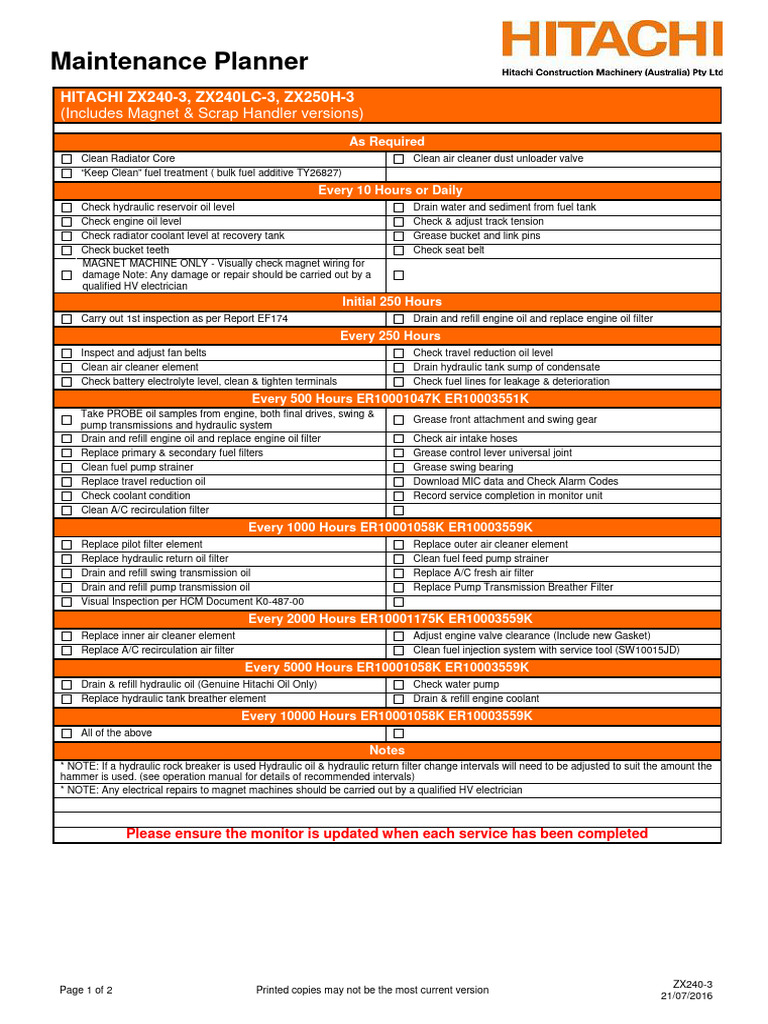 ZX240-3 Maintenance Planner | PDF | Pump | Motor Oil