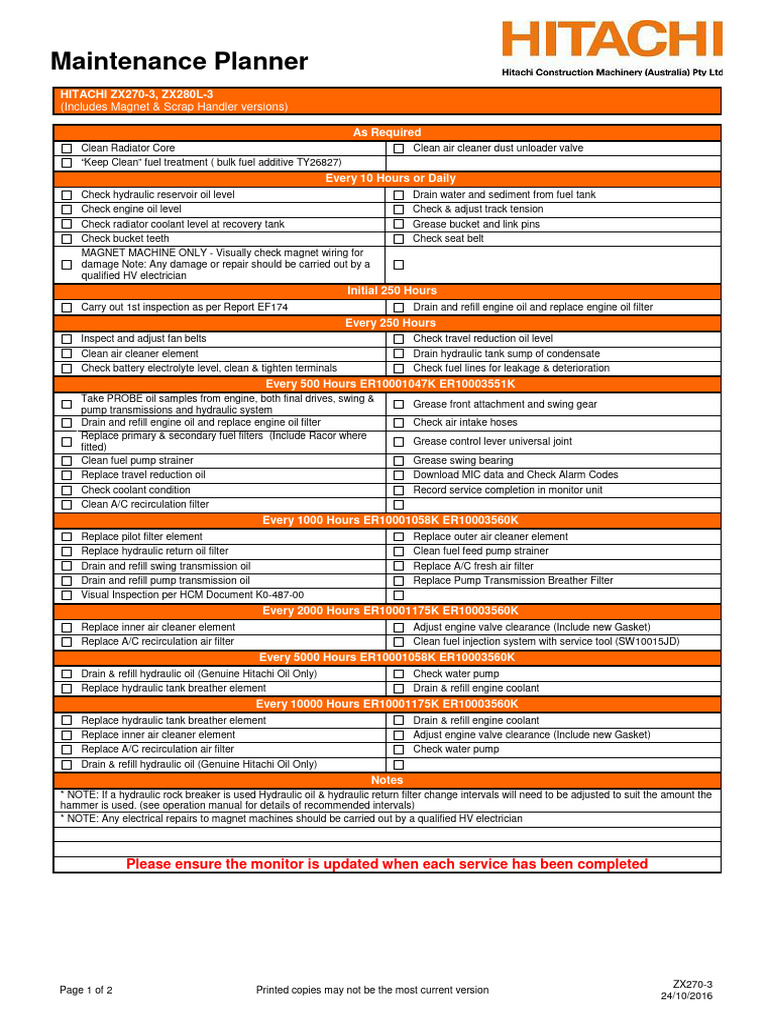 メンテナンス OK plan Hitachi ZX270-3 Maintenance Schedule | PDF | Pump | Motor Oil