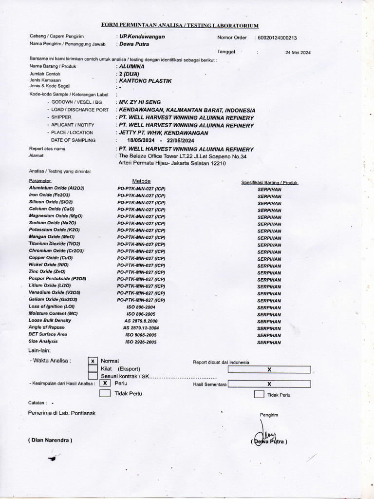 Form Permintaan Analisa Alumina PT WHW MV Zy Hi Seng | PDF