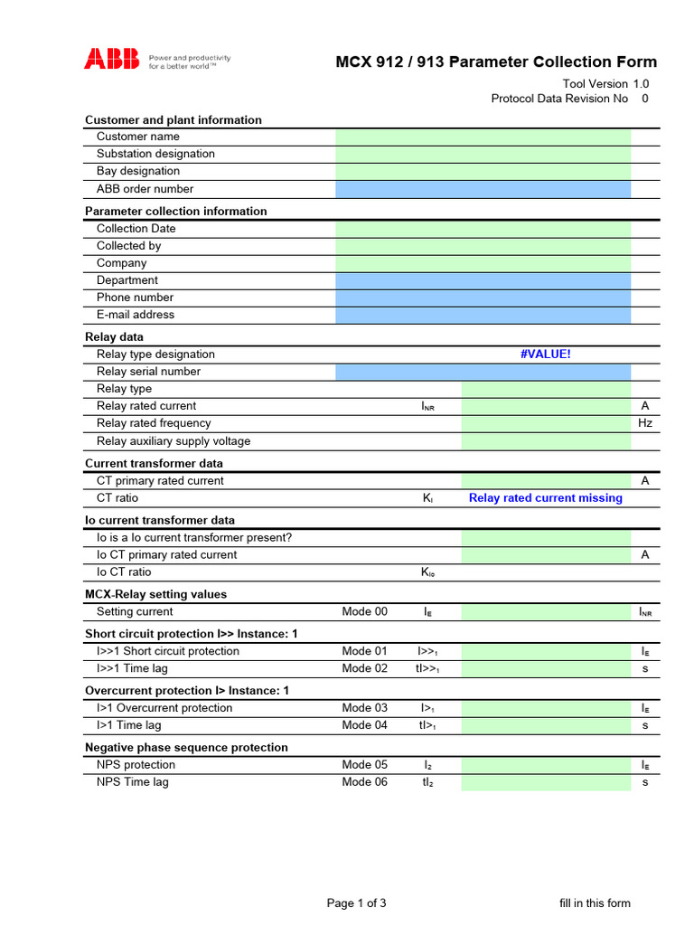 MCX 912/913 Parameter Collection Form | PDF | Transformer | Equipment
