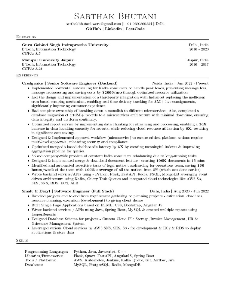 Senior Software Engineer Resume | PDF | Cloud Computing | Postgre Sql