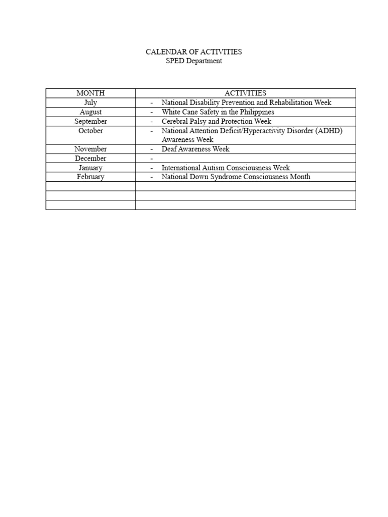 Calendar of activities pdf