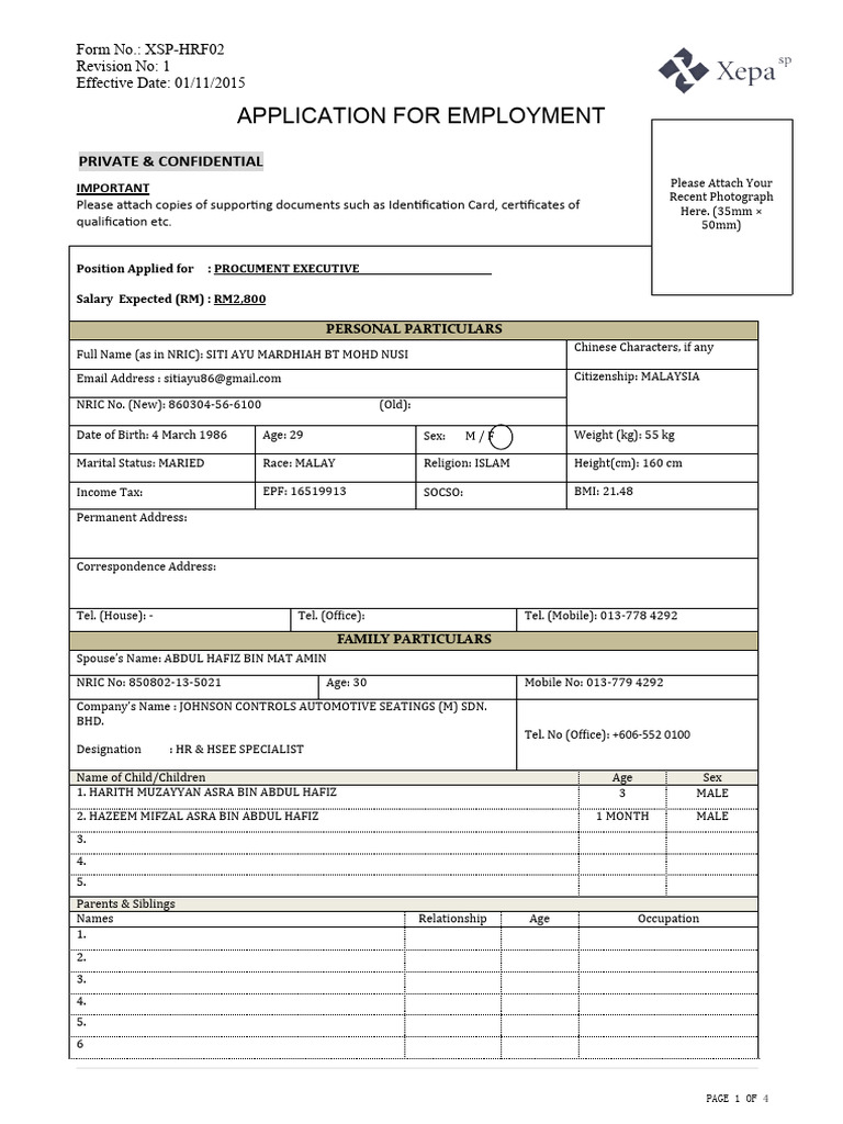 XSP-HRF02_Nov2015 Application for Employment | PDF
