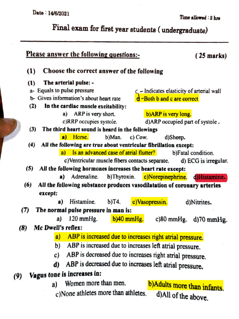 Physiology Exam Questions and Answers | PDF | Heart | Heart Valve