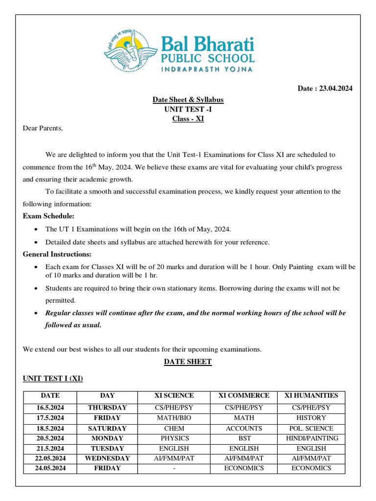 Class XI Unit Test-1 Schedule & Syllabus | PDF | Science