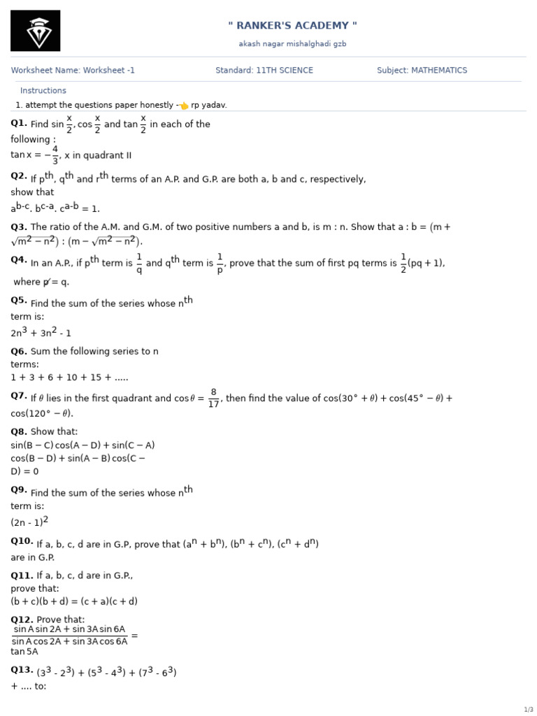 11th Grade Mathematics Worksheet | PDF | Mathematics | Elementary ...