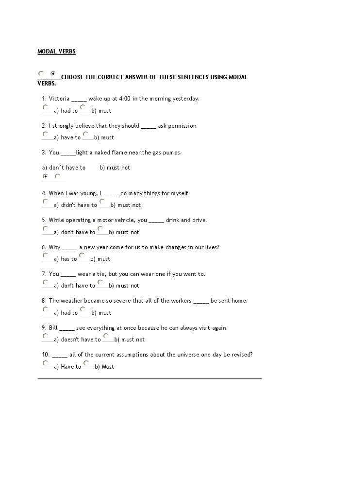 Choose the Correct Answer of These Sentences Using Modal Verbs