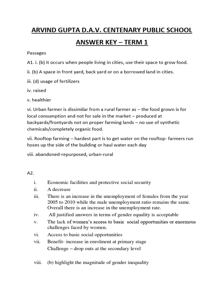 Term 1 Answer Key for D.A.V. School | PDF | General Fiction