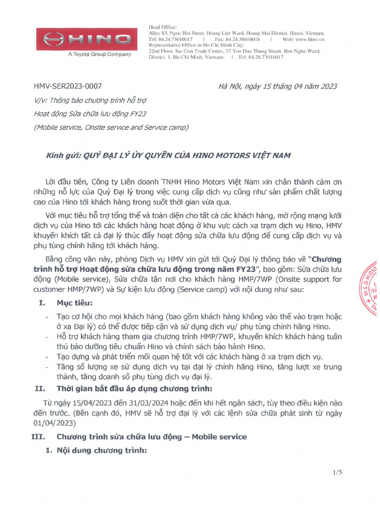 Công Văn Chương Trình H TR Ho T Đ NG S A CH A Lưu Đ NG FY23 | PDF
