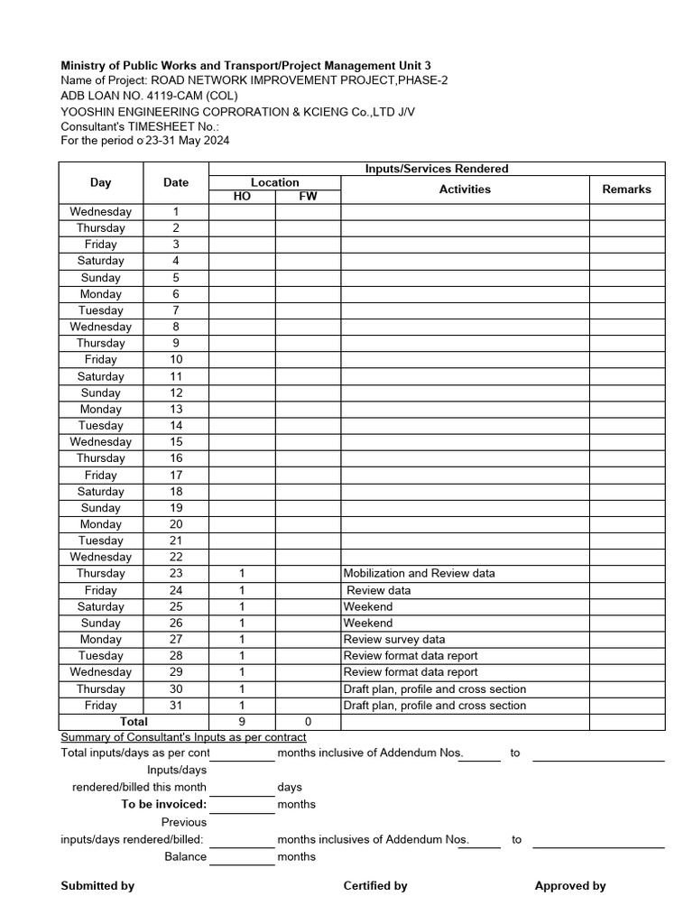 Consultant Timesheet for Road Project | PDF