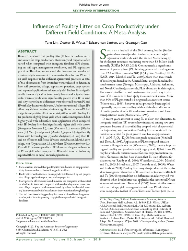 Influence of Poultry Litter On Crop Productivity Under Different Field ...