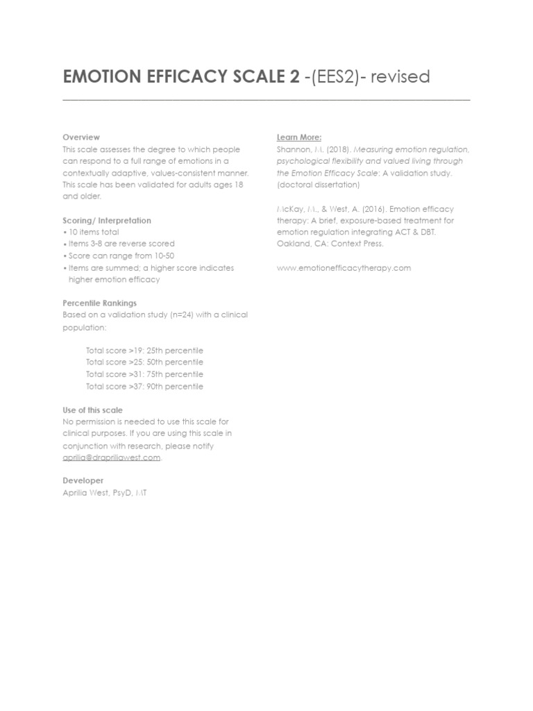 Emotion efficacy scale ees2 0 download free pdf emotions percentile