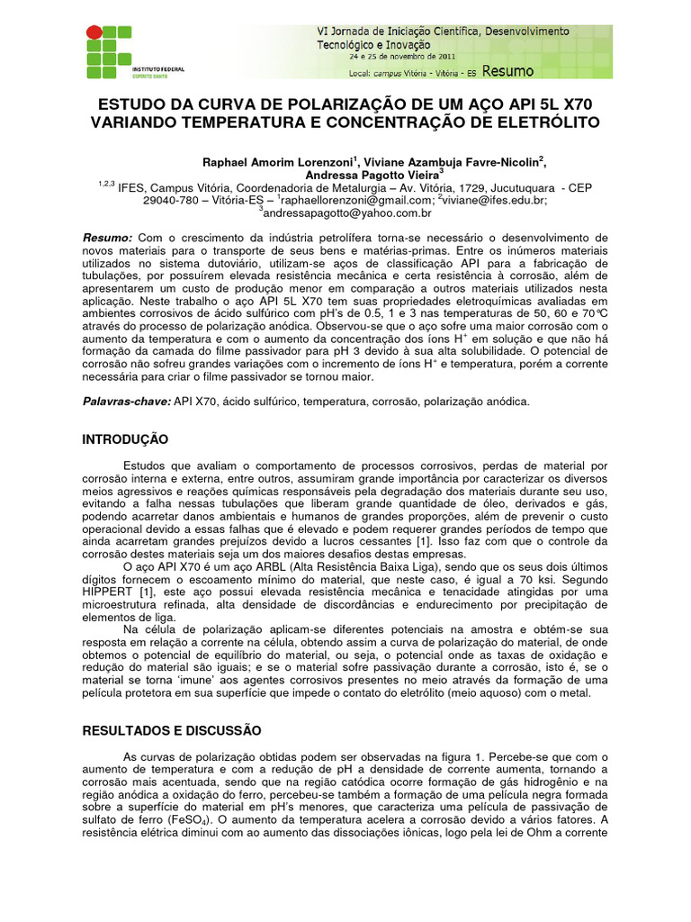 Estudo Da Curva de Polarização de Um Aço Api 5L X70 Variando ...
