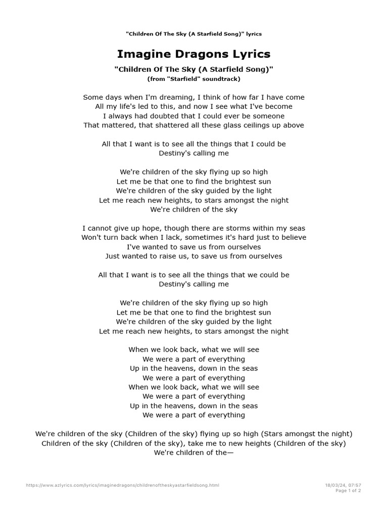 Imagine Dragons - Children Of The Sky (A Starfield Song) Lyrics ...