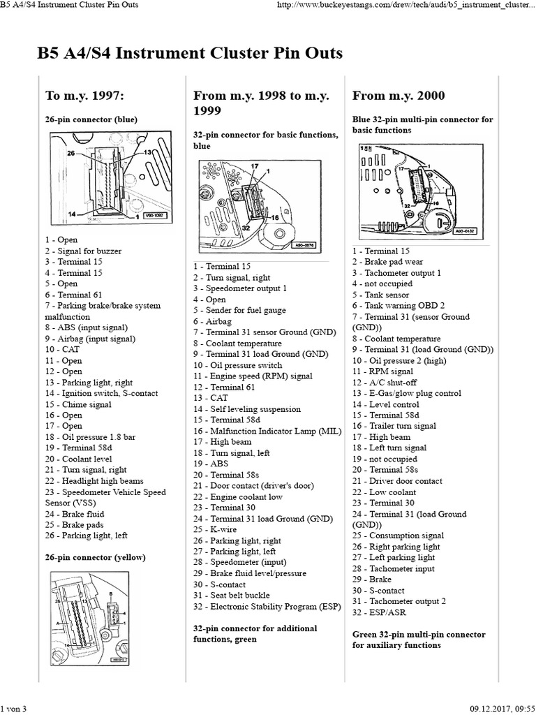 B5 A4/S4 Instrument Cluster Pinouts | PDF | Headlamp | Radio