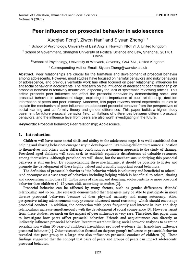 Peer Influence on Adolescent Prosocial Behavior | PDF | Adolescence ...