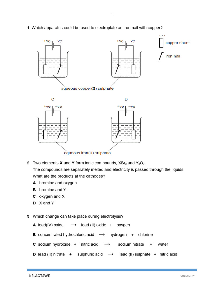 Electrolysis and Redox Chemistry Quiz | PDF | Redox | Chlorine