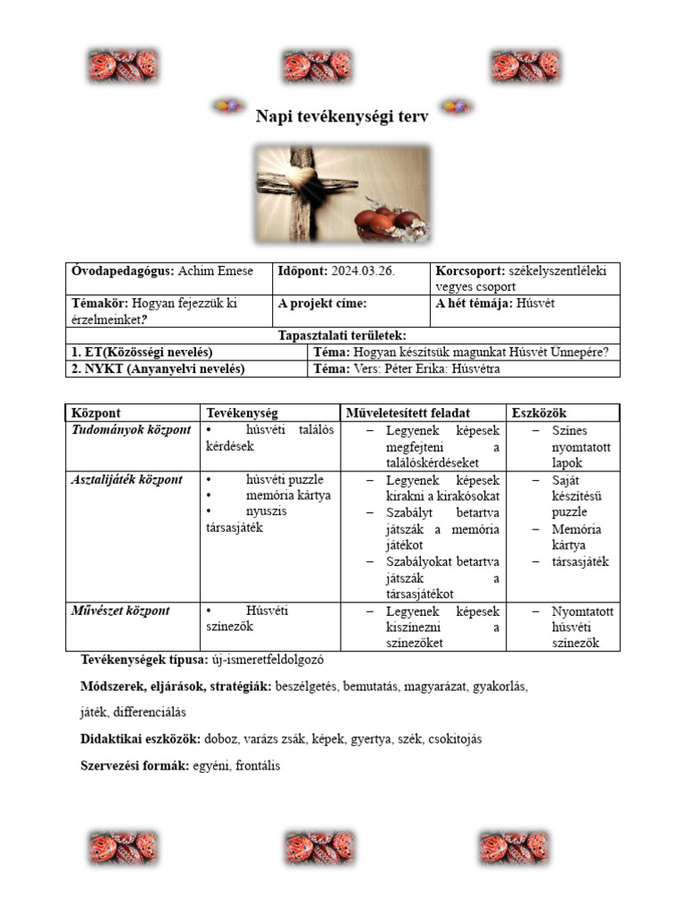 Napi tevékenységi terv, Húsvét, Achim Emese kettes fokozati | PDF