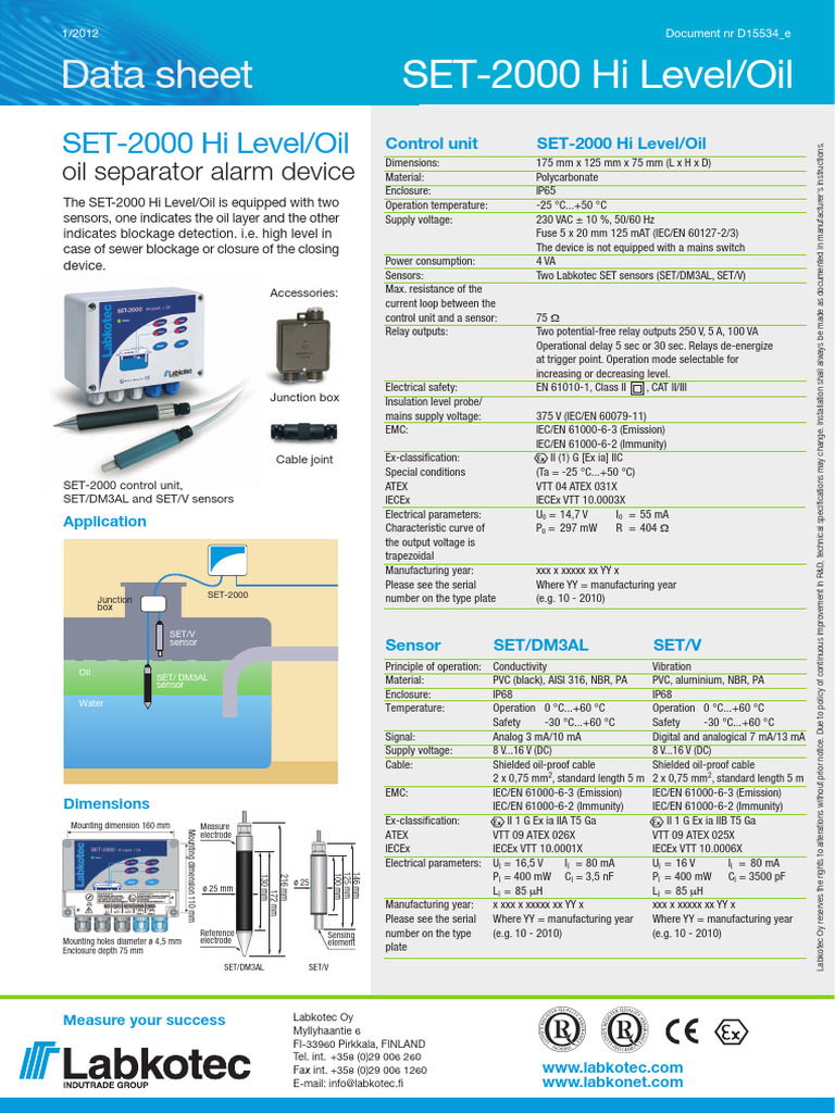 Nivavakt Olje-Fettavskiljarlarm SET-1000-HiLevel-Oil Datablad Hugo ...