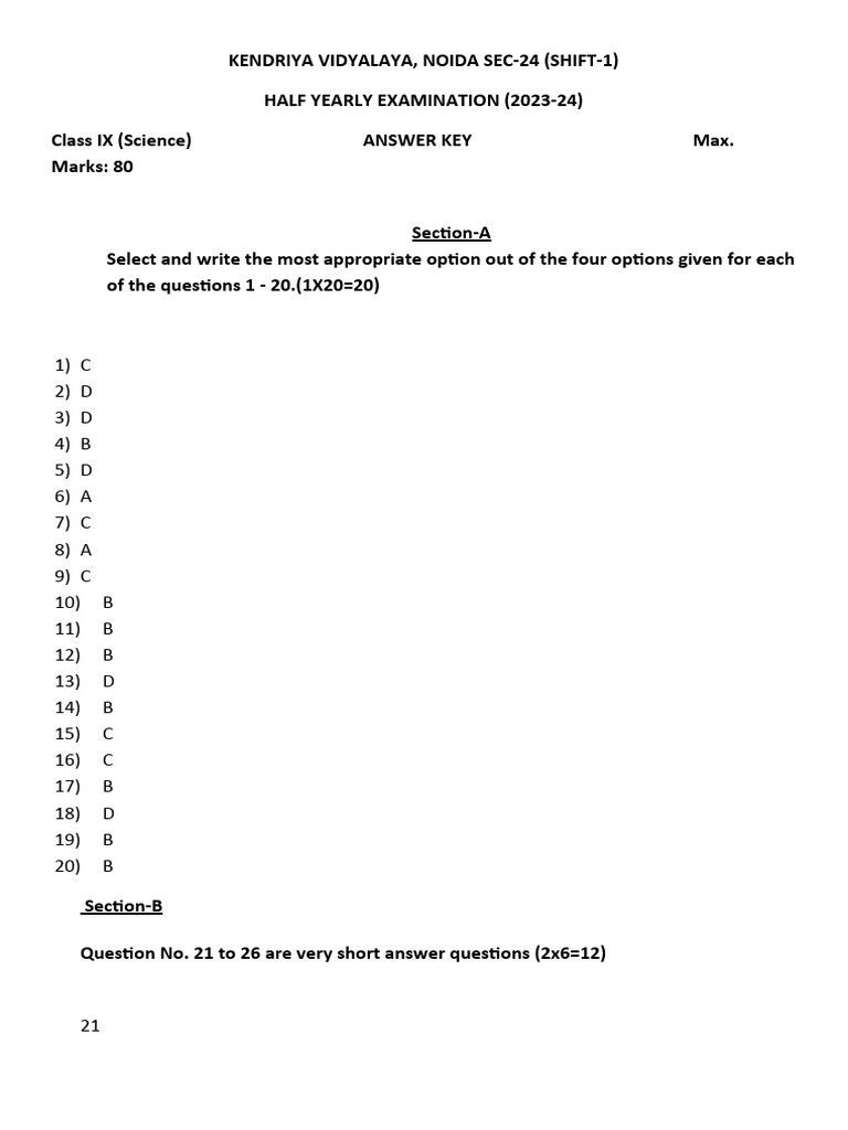Answer Key Class-Ix (H.y Exam Science) | PDF | Cell (Biology) | Biology