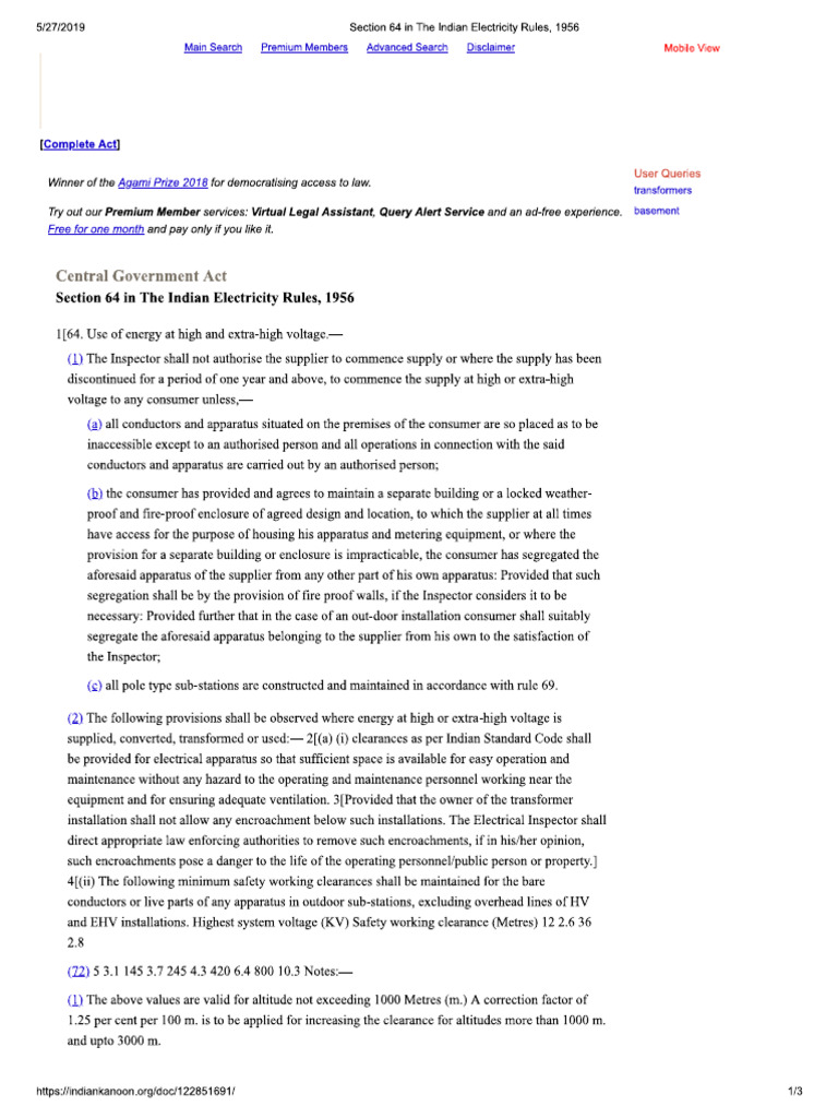 Section 64 in The Indian Electricity Rules, 1956 | PDF