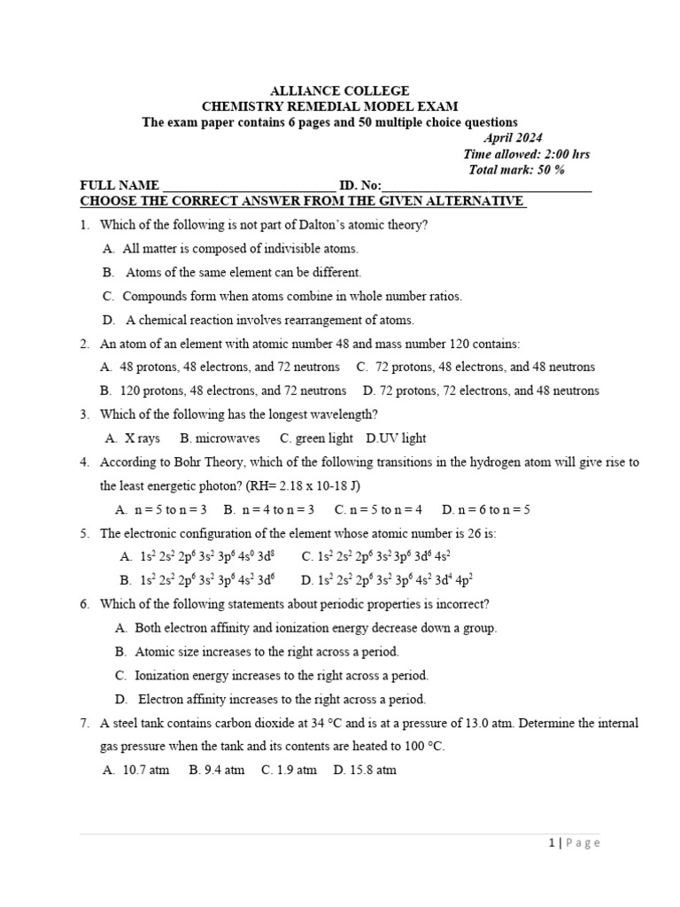 Remedial Chemistry Model Exam 2024 | PDF | Gases | Atoms