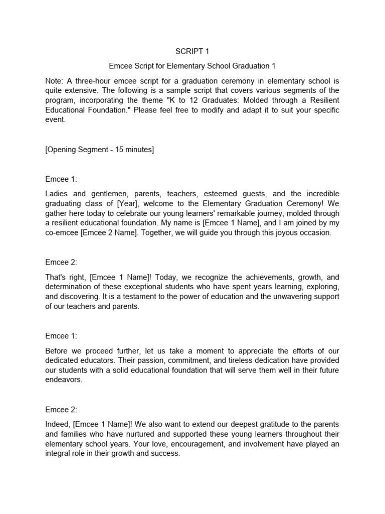 Emcee Script for Elementary School Graduation | PDF | Psychological ...