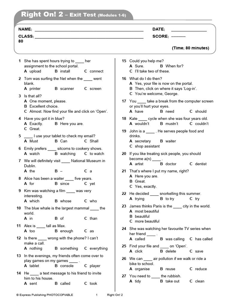 Right On! 2 Exit Test: Modules 1-6 | PDF