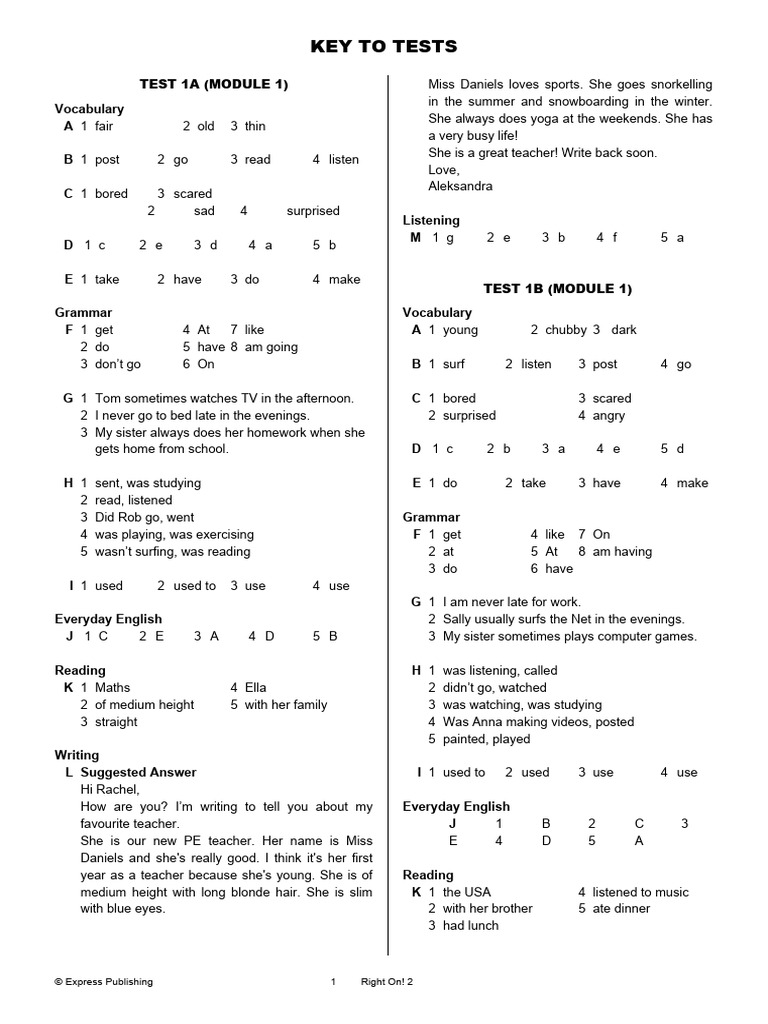 22 Right On 2 Tests KEY | PDF