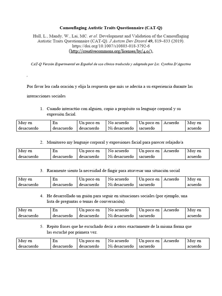 Cuestionario CAT-Q en Español | PDF | Expresión facial | Comunicación ...