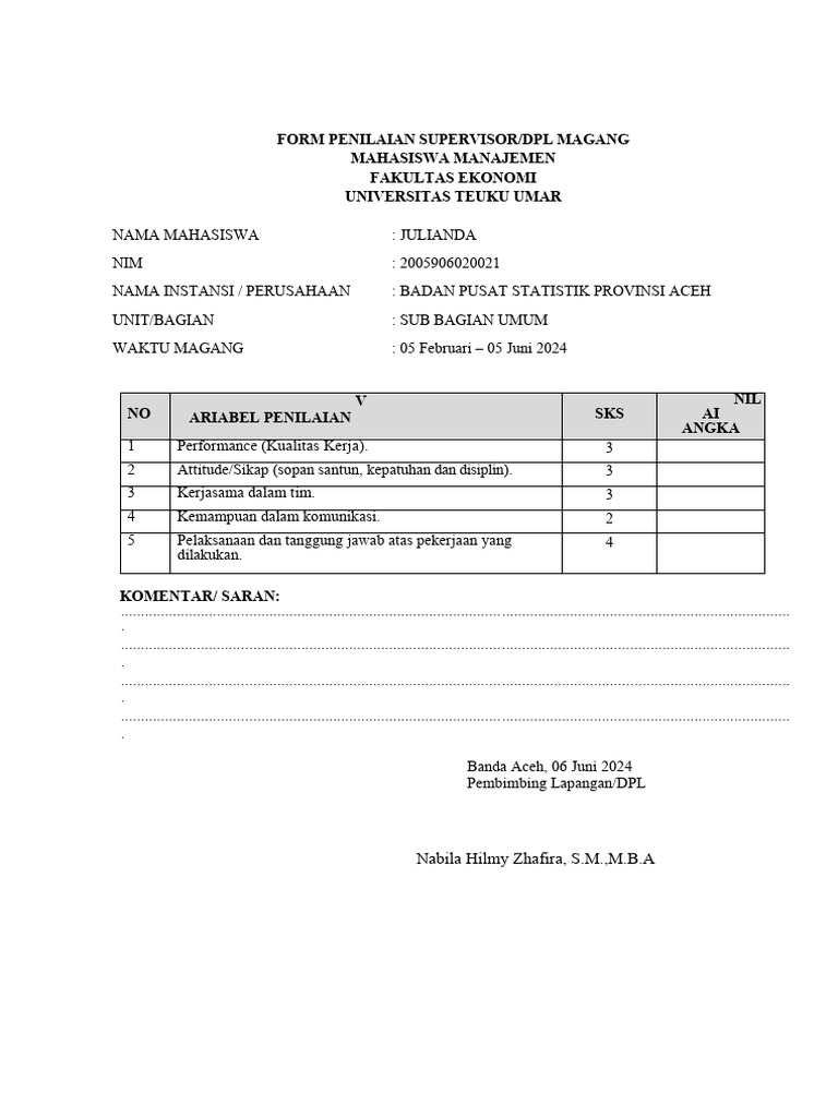 Form Penilaian Magang Mahasiswa Ekonomi | PDF