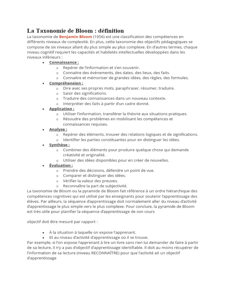 Taxonomie de Bloom : Niveaux Cognitifs | PDF | Apprentissage | Pédagogie