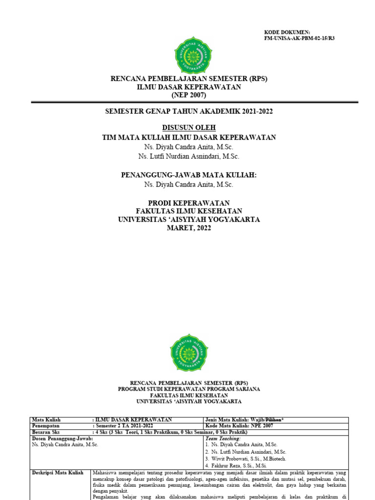 RPS Ilmu Dasar Keperawatan 2021-2022 | PDF | Sains & Matematika