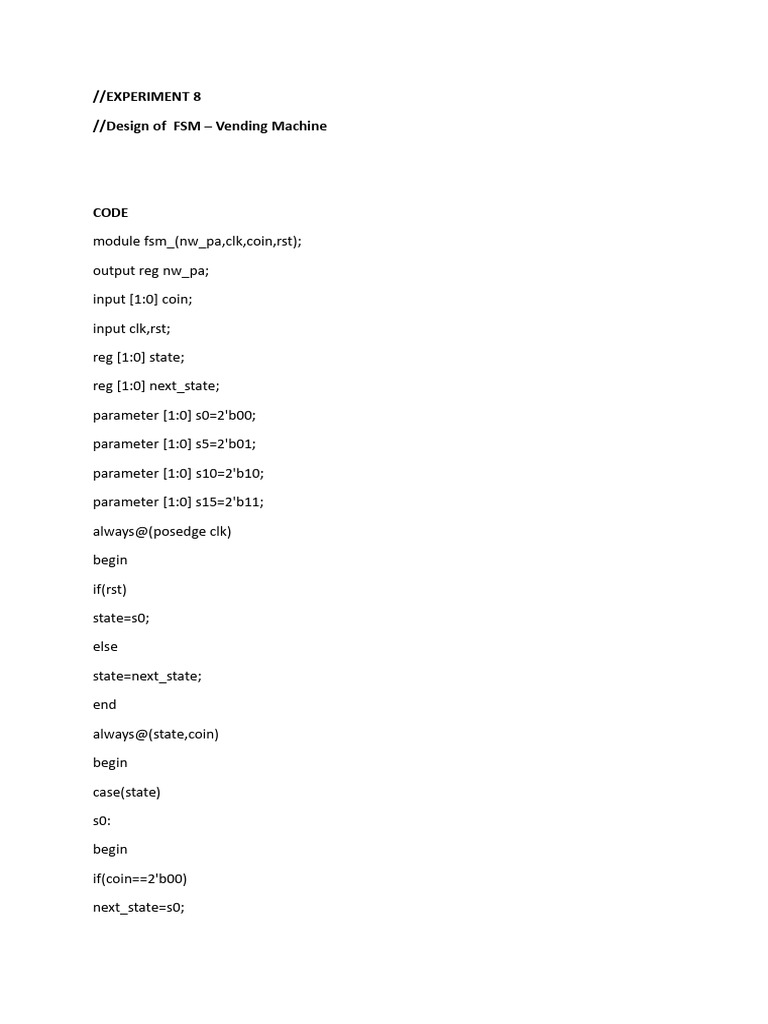 experiment 8 //design of FSM - Vending Machine | PDF | Computer ...