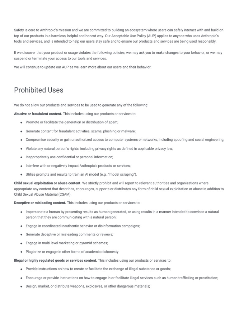 Anthropic Acceptable Use Policy Overview | PDF | Justice | Crime & Violence
