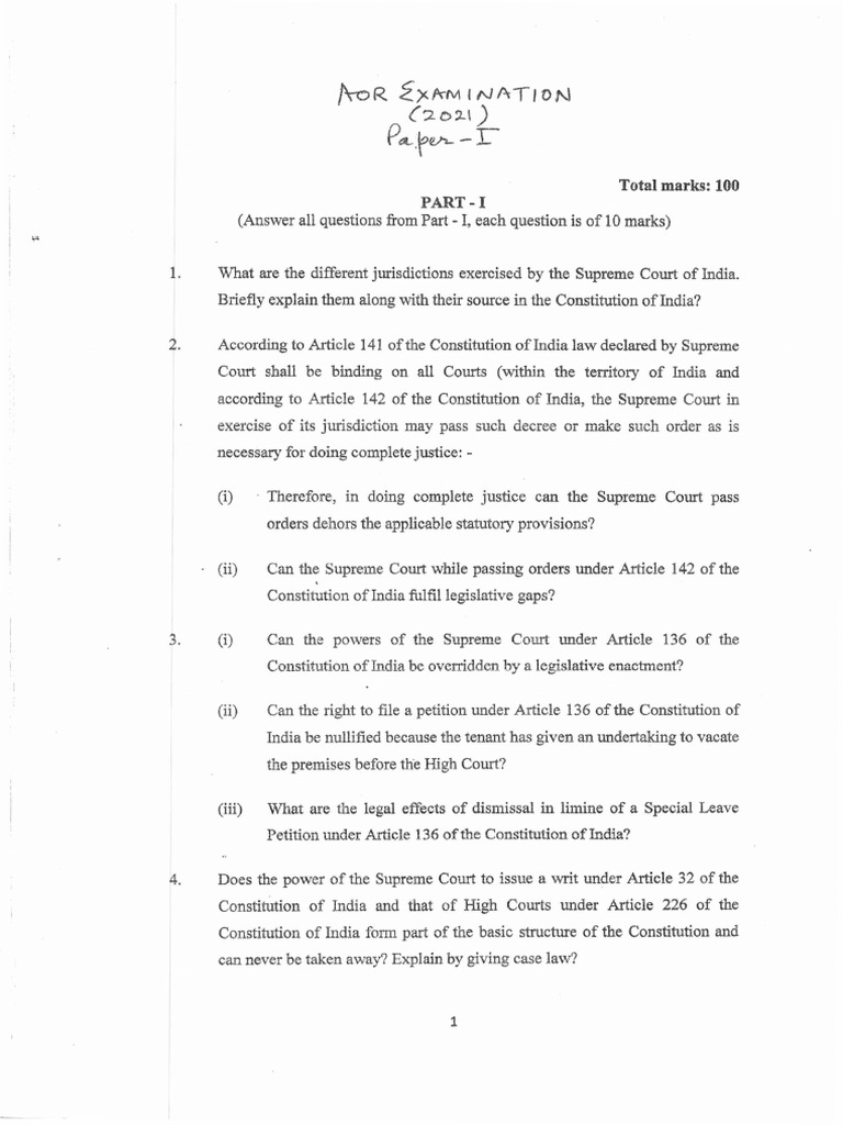 AOR Exam Question Paper 2021 | PDF | Supreme Court Of India | Lawsuit