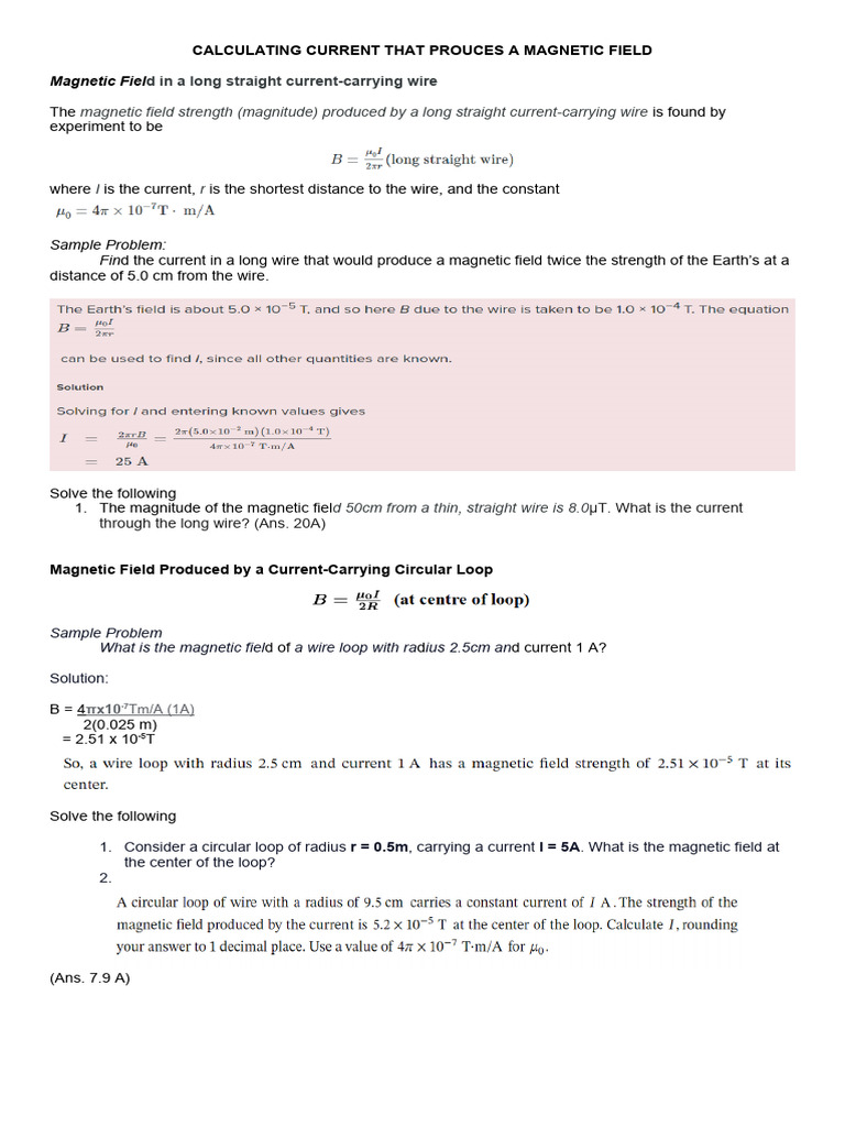 Calculating Current That Produces A Magnetic Field | PDF