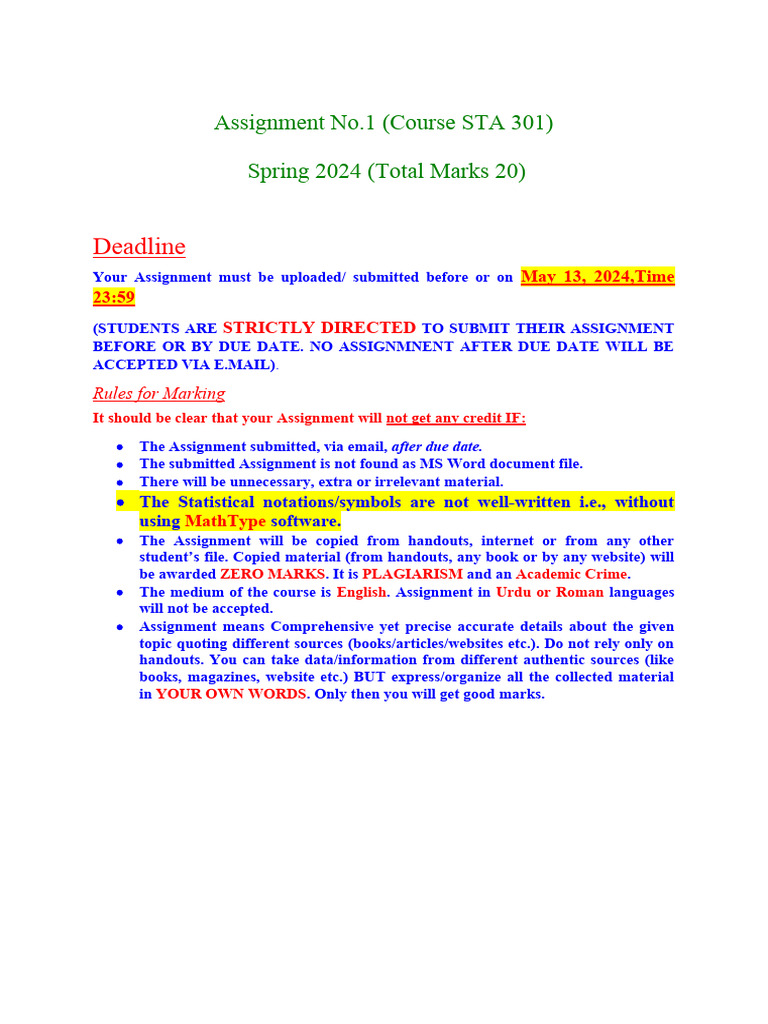 STA 301 Assignment 1 Guidelines | PDF | Quartile