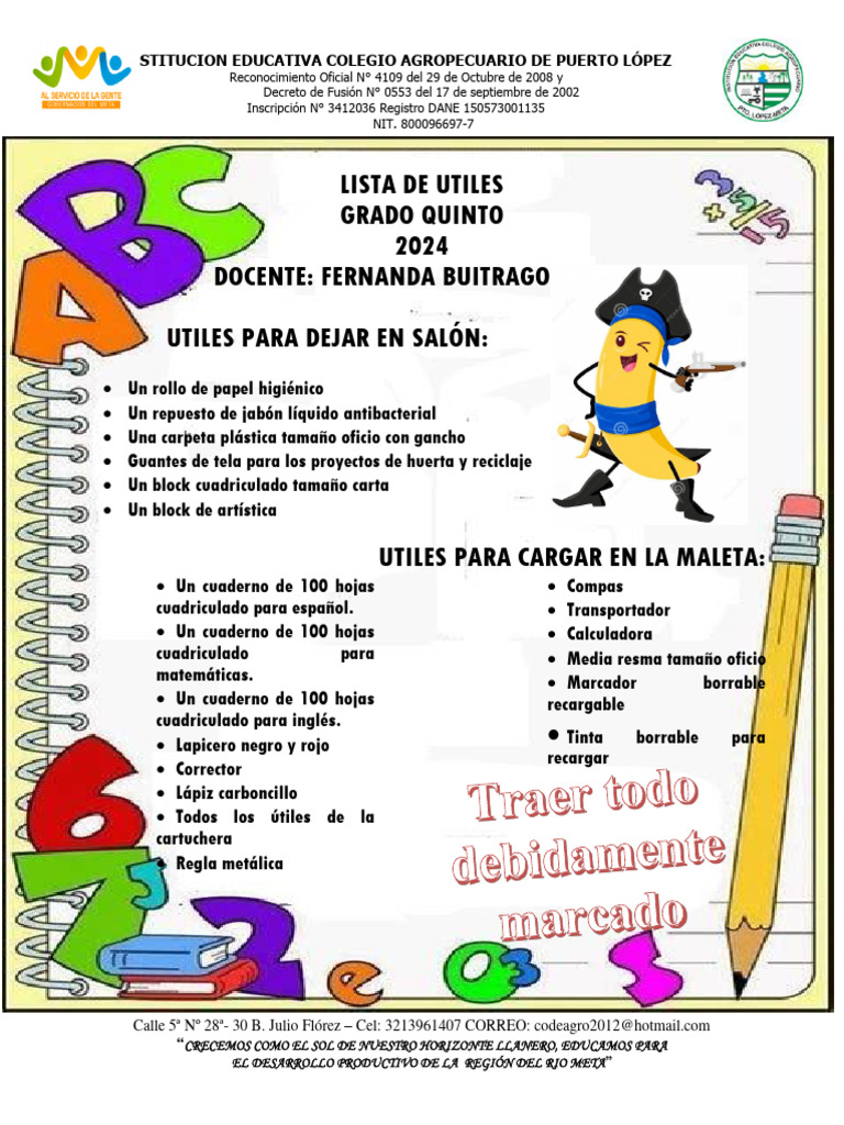 Lista de útiles grado quinto 2024 | PDF
